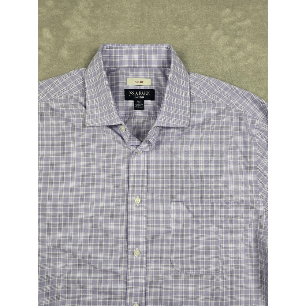 Jos. A. Bank Button Up Shirt Mens 16.5 34/35 Purple Plaid Traveler Slim Fit